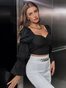 SHEIN Privé 雞心領口褶邊短款襯衫 - 黑色 - 查看 4