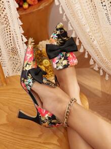 Fall/Winter High Heeled Pumps With Bow Knot And Floral Pattern, Elegant And Fashionable,Elegant,Party - Multicolor - View 3