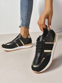 Women's Sports Shoes,Women's fashion comfortable casual versatile round-toe black lace-up two-tone bottom highway running shoes - Black - View 5