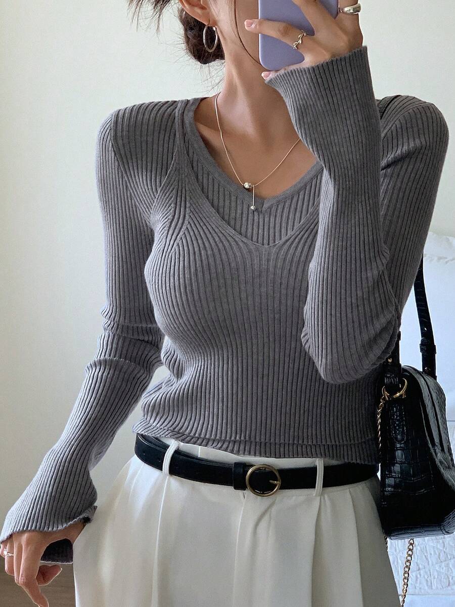 DAZY 二合一素色條紋針織套頭毛衣 - 淺灰色 - 查看 1