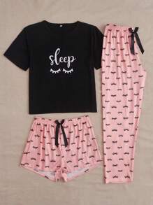 Letter Graphic Tee & Shorts & Pants PJ Set / Pajama Set - Multicolor - View 4