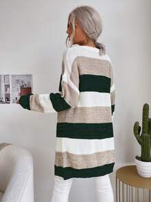 SHEIN Essnce Cárdigan largo de color combinado con parte delantera abierta de manga murciélago - Verde - Ver 2