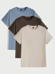 Manfinity BRENVOR Men 3pcs Solid Round Neck Plain Short Sleeve Tee, For Going Out, For Friends