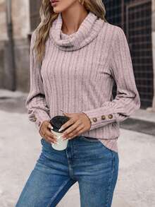 SHEIN LUNE 堆堆領條紋針織T恤 - 藕粉色 - 查看 3