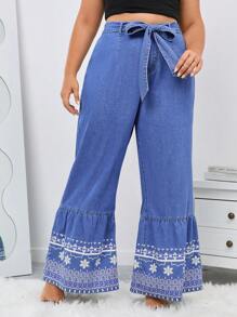SHEIN LUNE Plus Floral Print Ruffle Hem Belted Wide Leg Jeans - Medium Wash - View 1