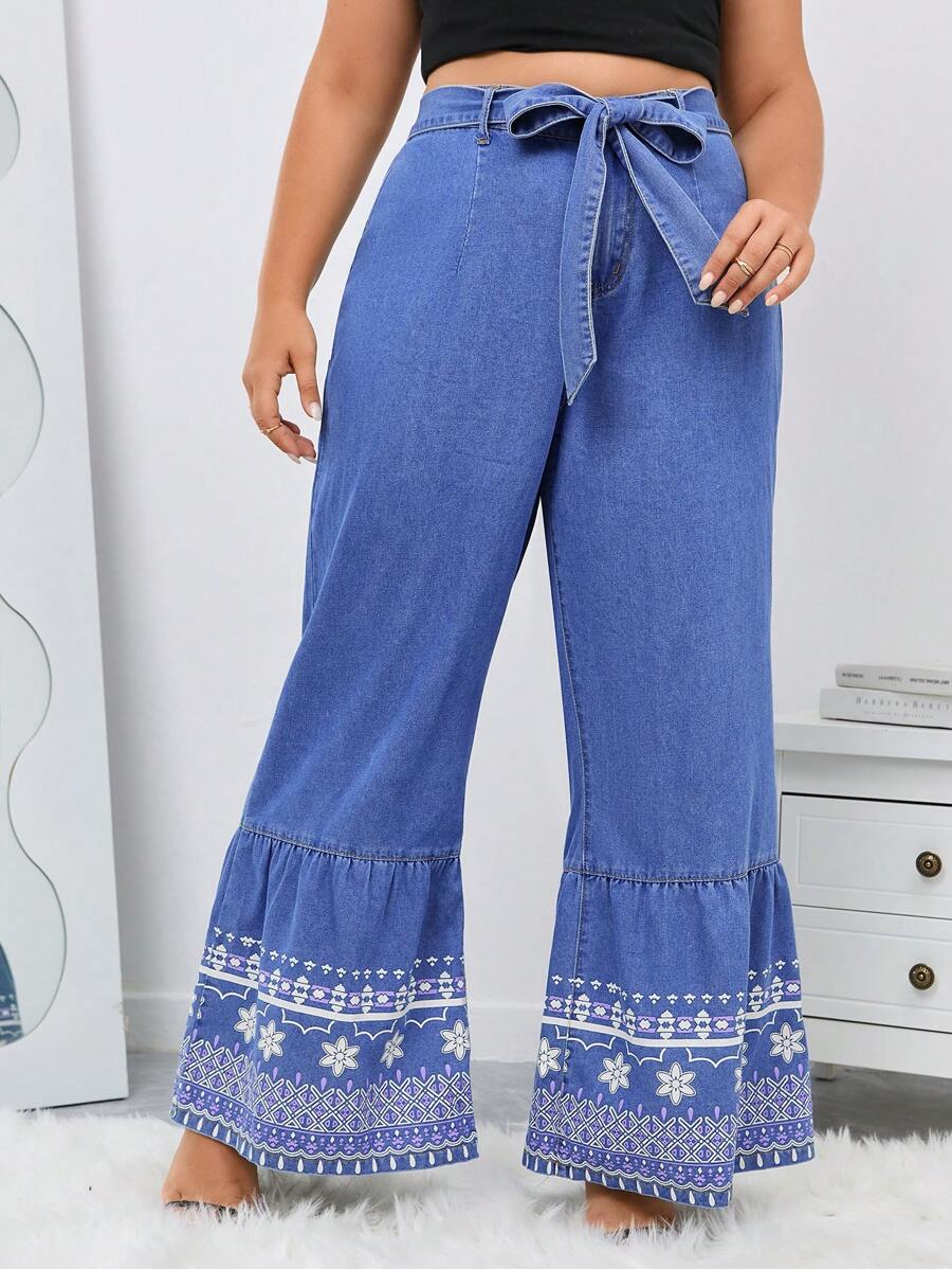 SHEIN LUNE Plus Floral Print Ruffle Hem Belted Wide Leg Jeans - Medium Wash - View 1