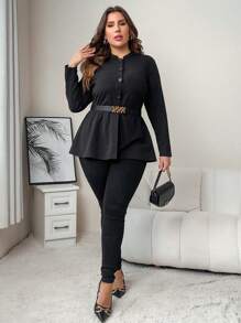 SHEIN Clasi Plus Button Front Peplum Blouse - Black - View 4