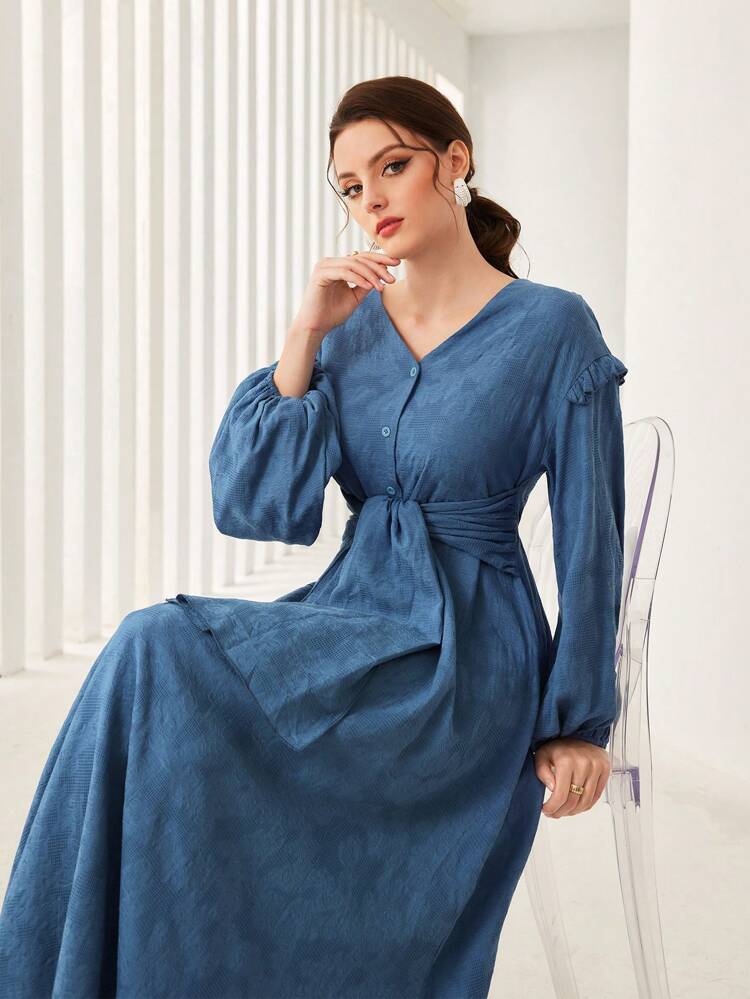 Lantern Sleeve Belted Dress