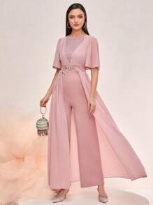 Modelyn 素色蝴蝶袖水鑽細節連身褲 - 粉色 - 查看 6