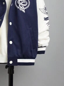 SHEIN 男大童字母&龍印花雙色加絨內裏學院風夾克無毛衣 - 杏色 - 查看 7