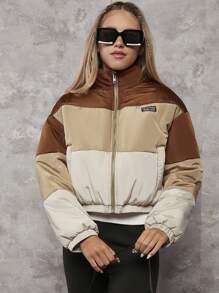 Teen Girl Colorblock Letter Patched Detail Drop Shoulder Padded Coat - Multicolor - View 3