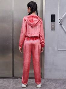 Teen Girl Zip Up Velvet Hoodie & Pants - Hot Pink - View 2