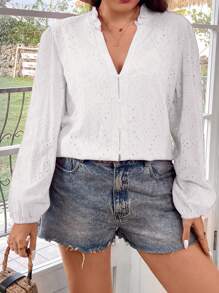 SHEIN LUNE Plus Eyelet Embroidery Lantern Sleeve Blouse - White - View 4