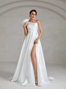 One Shoulder Split Thigh Satin Wedding Dress - White - View 5