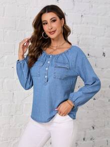 SHEIN LUNE Flap Pocket Raglan Sleeve Denim Top - Light Wash - View 6