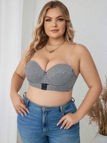 Plus Striped Print Underwire Bra With 1pair Transparent Strap - Black and White - View 5