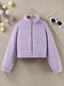 SHEIN Chica preadolescente Cazadora teddy con cremallera de hombros caídos - Morado Violeta - Ver 1