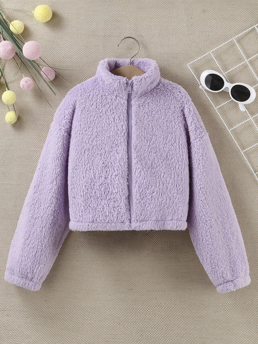 SHEIN Chica preadolescente Cazadora teddy con cremallera de hombros caídos - Morado Violeta - Ver 1