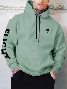 Manfinity Homme Men Letter Graphic Pocket Drawstring Hoodie, For Fall, Long Sleeve Top - Mint Green - View 1