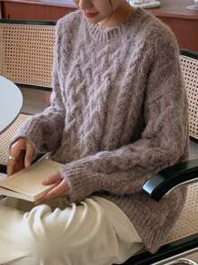 DAZY 纯色落肩麻花针织毛衣 秋冬 - 摩卡棕 - 查看 3