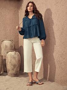 Bohemela Tie Neck Lantern Sleeve Frill Trim Peplum Top
