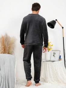 男士字母刺绣法兰绒睡衣套装/蓬松睡衣套装，秋冬舒适服装