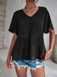 SHEIN LUNE Solid V-Neck Ruffle Hem Blouse Peplum Top