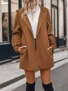 SHEIN LUNE 拉鍊落肩連帽外套 - 棕色 - 查看 3