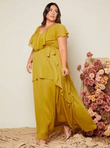 SHEIN Belle Talla grande Vestido de dama de honor ribete con fruncido de gasa maxi - Amarillo - Ver 5