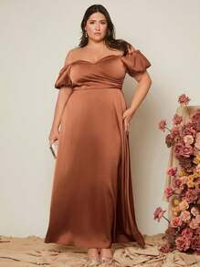 SHEIN Belle 大碼一字肩泡泡袖伴娘洋裝 - 咖啡棕 - 查看 4