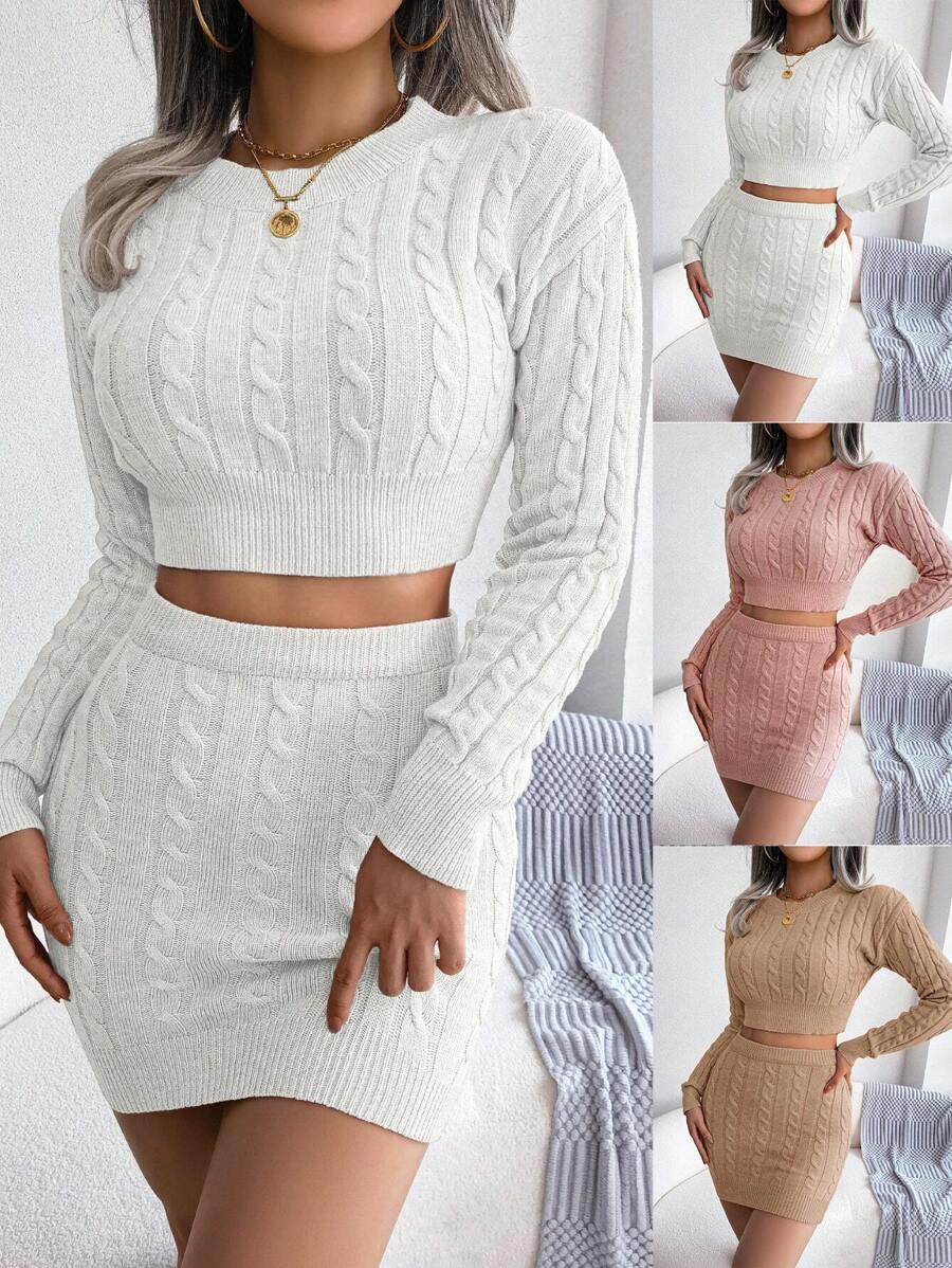 Fall/Winter European And American Style Casual Cable Knitted Sweater Crop Top And Bodycon Skirt Set - Khaki - View 1