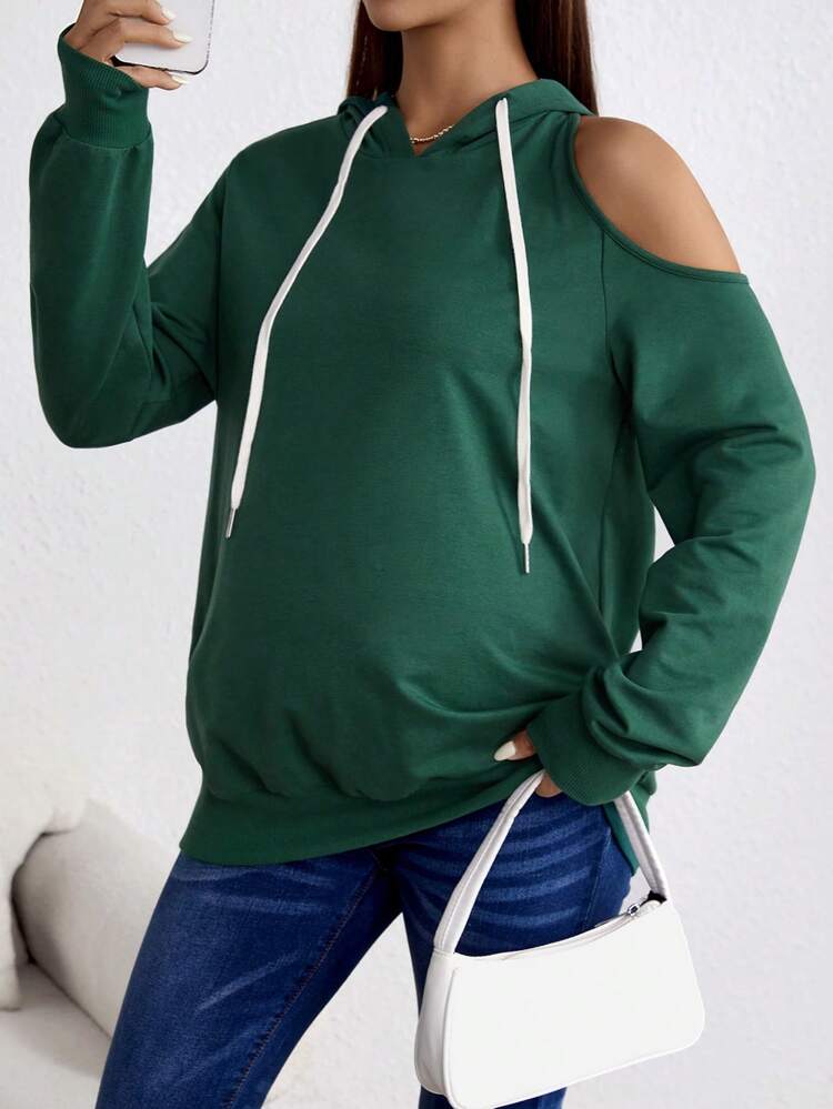 Maternity Cold Shoulder Drawstring Sweatshirt, For Winter