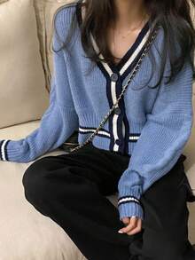 Contrast Stripe Trim Drop Shoulder Cardigan,Long Sleeve Tops - Blue - View 5