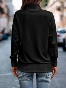 SHEIN LUNE Half Button Kangaroo Pocket Drop Shoulder Sweatshirt,Long Sleeve Tops - Black - View 2