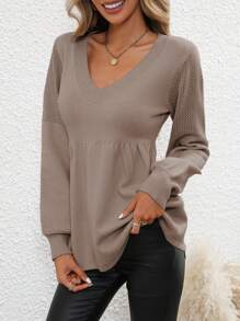 SHEIN LUNE Áo Len Peplum Cổ V Màu Trơn - Màu be - Xem 3