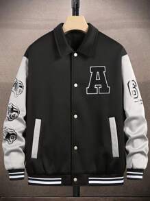 Manfinity LEGND Loose Fit Men's Letter Graphic Striped Trim Colorblock Jacket Without Inner Sweatshirt - Black - View 7