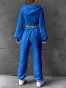 SHEIN EZwear Letter Patched Detail Cutout Drawstring Hoodie & Sweatpants - Blue - View 2