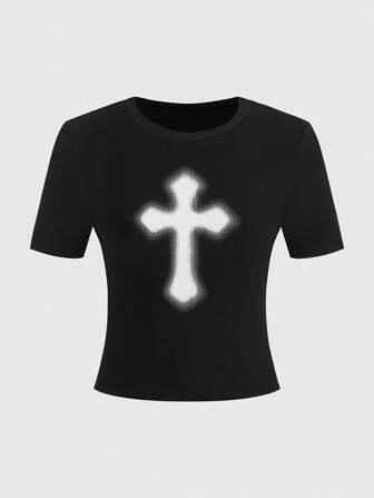 T-Shirt noir à col rond élastique avec imprimé croix gothique pour femmes