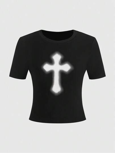 Goth Camiseta negra de cuello redondo elástico con estampado de cruz gótico para mujer