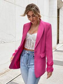 SHEIN Privé Shawl Collar Fuzzy Cuff Single Button Blazer - Pink - View 2