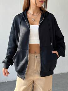 SHEIN EZwear 標語圖案落肩袖拉鍊開襟抽繩連帽衫 - 黑色 - 查看 2