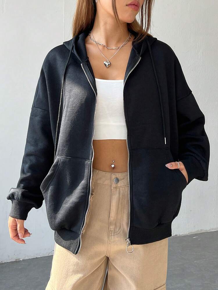 Slogan Graphic Drop Shoulder Zipper Up Drawstring Hoodie