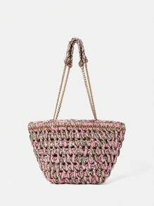 SHEIN VCAY Women's Woven Shoulder Bag With Zipper And Chain Large Capacity Simple And Fashionable Multifunctional - Multicolor - View 2