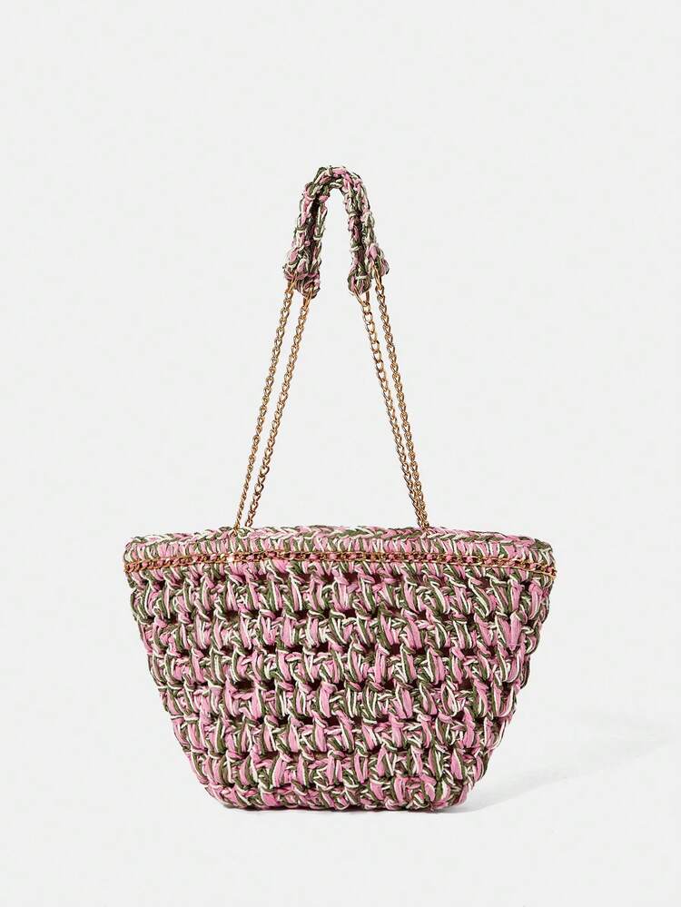 Women's Woven Shoulder Bag With Zipper And Chain Large Capacity Simple And Fashionable Multifunctional