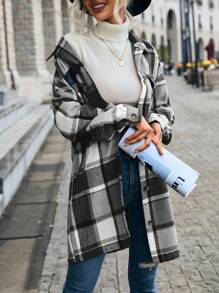 SHEIN Essnce 格紋翻蓋口袋落肩袖花呢外套 - 灰色 - 查看 4