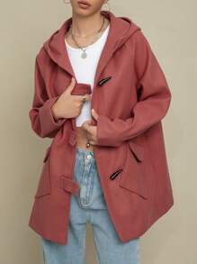 SHEIN Unity Flap Pocket Raglan Sleeve Duffle Hooded Duffle Overcoat - Pink - View 1