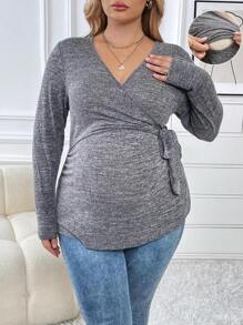 SHEIN Maternity Plus Marled Knit Knot Side Wrap Top - Light Grey - View 1