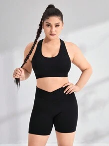 大碼網紗拼接工字運動套裝 - 黑色 - 查看 3