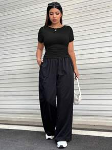 SHEIN EZwear Plus Solid Ruched Side Tee - Black - View 3