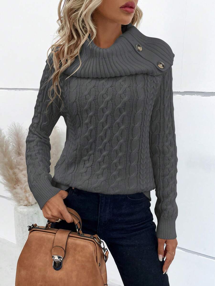 SHEIN LUNE Cable Knit Turtleneck Button Detail Raglan Sleeve Sweater Knit Pullover Fall Winter Outfit - Grey - View 1